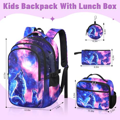 Wolf Backpack for Girls, Girls Backpacks with Lunch Box and Pencil Case for School, Kids Wolf Bookbag - color: Wolf