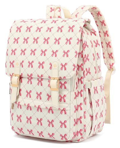 Corduroy Laptop Backpack for Women, Fits 15.6 Inch Computer Bag, College High School Bookbag Travel Daypack Purse, Work Business Bags - Corduroy Bow Pink - color: Corduroy Bow Pink