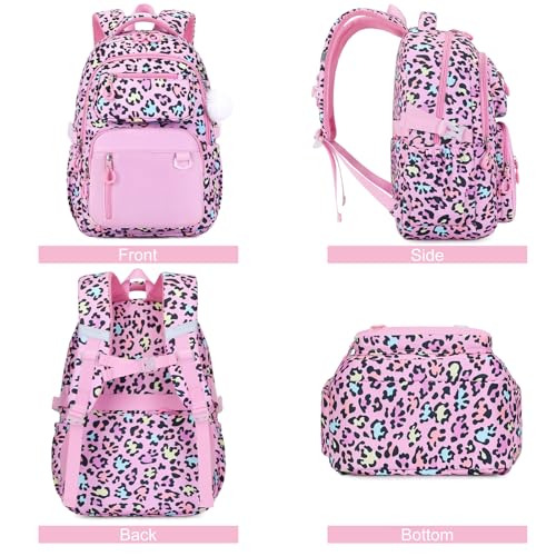 Bevalsa Backpack for Girls 3PCS Teen Girls Pink Backpack for School with Lunch Bag Pencil Case Cute Kids Laptop Backpacks Bookbag for Elementary Middle High School College Student (Leopard) - color: Pink Leopard