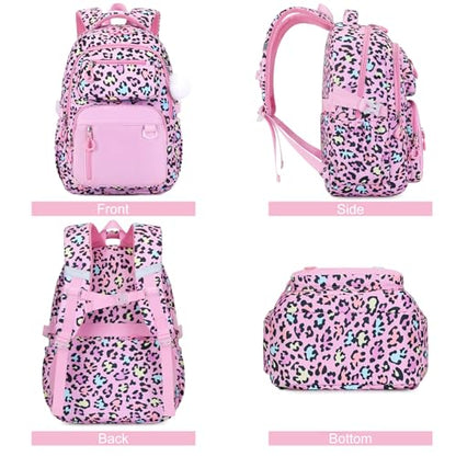 Bevalsa Backpack for Girls 3PCS Teen Girls Pink Backpack for School with Lunch Bag Pencil Case Cute Kids Laptop Backpacks Bookbag for Elementary Middle High School College Student (Leopard) - color: Pink Leopard