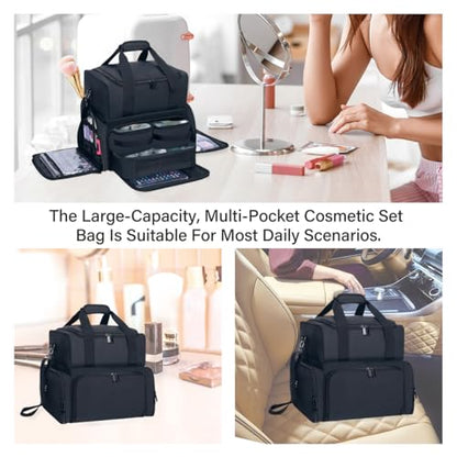 Large Makeup Cosmetic Bag with 3 Removable Case and 2 Removable Dividers Double Layer Travel Storage Organizer, Makeup Brushes Storage Section Black - color: Black