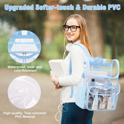 DIGOBAY Clear Backpack with Lunch Bag Set, Leather Clear Backpack Heavy Duty Thick PVC Bookbag Large See Through Transparent Backpacks with Support Pad for College Travel Workplace Security Blue - color: Blue