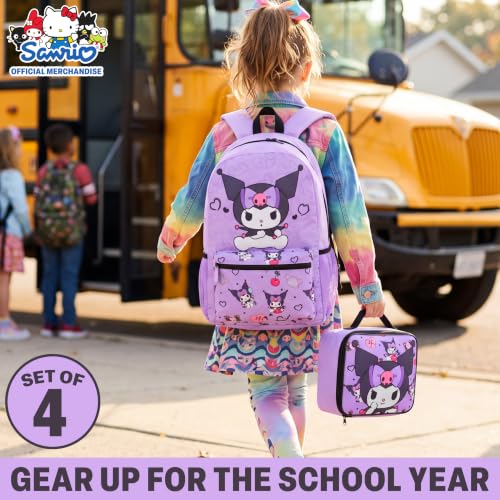 Get Trend Kuromi Girls Backpack, Lunch Bag, Pencil Case, Water Bottle | Sanrio 4 Pc Set, 18in Bookbag, Insulated Lunch Bag, Pencil Pouch & 16.9 fl oz BPA-Free Water Bottle, School, Gifts for Girls - color: Purple Kuromi