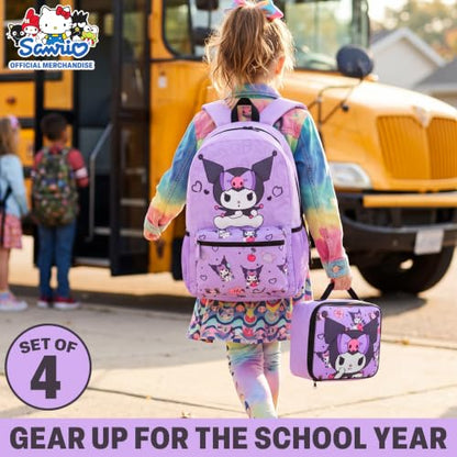 Get Trend Kuromi Girls Backpack, Lunch Bag, Pencil Case, Water Bottle | Sanrio 4 Pc Set, 18in Bookbag, Insulated Lunch Bag, Pencil Pouch & 16.9 fl oz BPA-Free Water Bottle, School, Gifts for Girls - color: Purple Kuromi