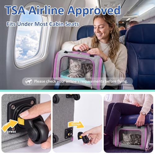 Rolling Pet Carrier with Detachable Wheels - 18x11x11 TSA Airline Approved for Southwest Delta United American, Soft Sided Expandable Travel Bag for Small Dogs & Cats up to 15Lbs, Fits Under Seat - color: Pink