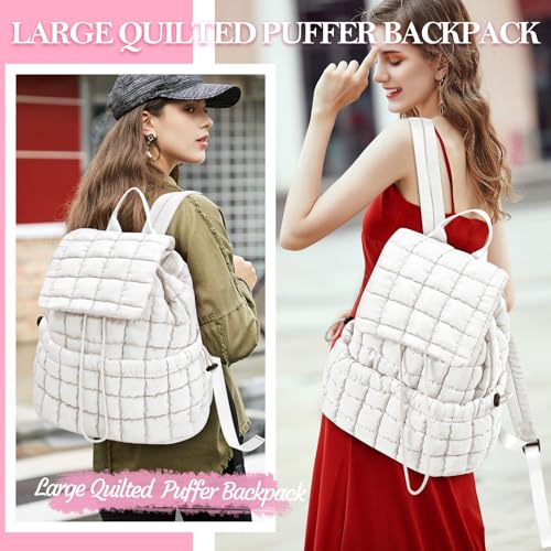 Quilted Puffer Backpack for Women Lightweight Soft Puffy Backpack Purse Casual Daily Drawstring Flap Daypack (White) - color: White