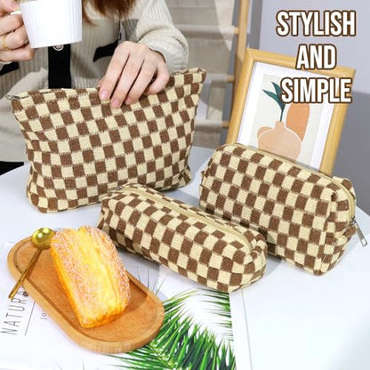 3 Pcs Makeup Bag Cosmetic Bag Set for Girls Women Checkered Travel Organizer Bathroom Toiletry Pouch Large Capacity Storage Bag (Brown) - color: Brown