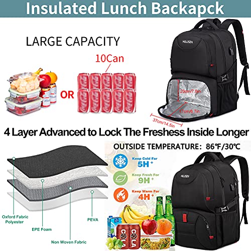 HILUSEN Extra Large Backpack for Men 50L, Insulated Cooler Lunch Box Backpack, Water Resistant 17inch Travel Laptop Work Bookbag with USB Charging Port,Black - color: Black