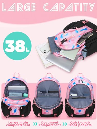 BLUEFAIRY High School Backpack for Girls Boys Middle School Bookbag for Kids Back to School Bag for College with Large Compartment Casual Daypack Mochilas para Niñas Adolescentes 18" Tie Dye Pink - color: Baby Pink