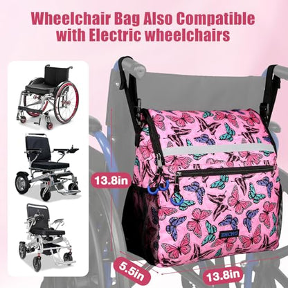 ZHCHG Wheelchair Bags, Wheelchair Backpack with Cup Holder, Wheelchair Bags to Hang on Back, Electric Wheel Chair Accessories, Large Storage Bag for Walker Rollator- Pink Butterfly - style: Pink Butterfly