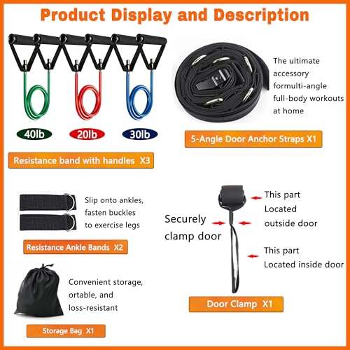 Resistance Bands with Door Anchor, 3 Pull Rope Bands with Handles 20LBS 30LBS 40LBS, Multi Point Door Anchor for Home Gym, Portable Strength Training and Physical Therapy Set