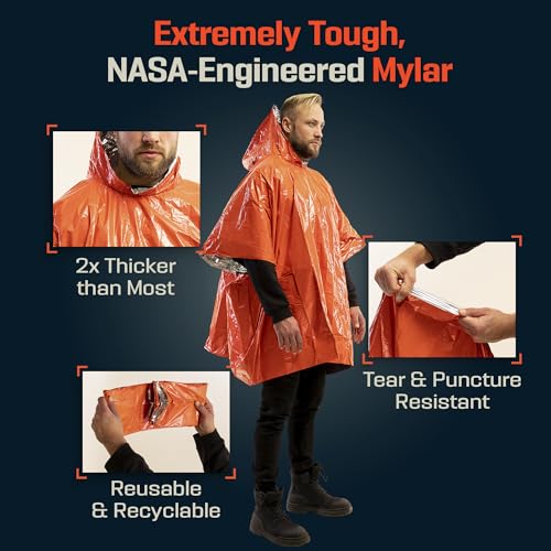 PREPARED4X Emergency Mylar Poncho – Survival Rain Poncho with Hood – Lightweight, Compact, Reusable Emergency Blanket Poncho for Hiking, Camping, Thermal Gear, Car Kit, Outdoors - color: Orange