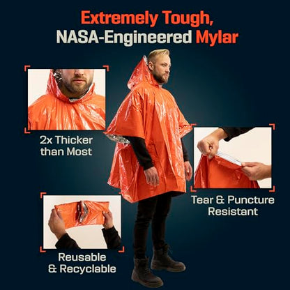 PREPARED4X Emergency Mylar Poncho – Survival Rain Poncho with Hood – Lightweight, Compact, Reusable Emergency Blanket Poncho for Hiking, Camping, Thermal Gear, Car Kit, Outdoors - color: Orange 10-pack