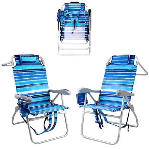 PRETZI Backpack Beach Chairs for Adults - Folding Heavy Duty High Camping Chair with Storage Pouch, Cup Holder & Towel Rack, Adjustable Lounge Chair for Outdoor,Travel (2packs /High Back Blue Strap) - color: High Back Blue Strap, size: 2 packs