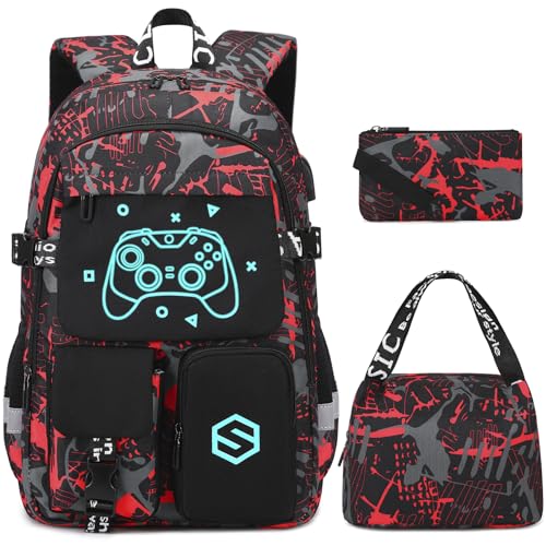 Scothen Boys Backpack, Cool Luminous School Backpacks for Boys with Lunch Bag Pencil Case, Kids Backpack Kindergarten Elementary Middle School Book Bags for Teen Boy Children with USB Charging Port - color: Black-red