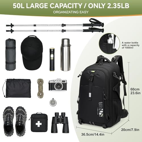 Hiking Backpack for Men Women, 50L Large Capacity Waterproof Mountaineering Backpack, Breathable Outdoor Daypack, Adjustable Trekking Rucksack for Camping Climbing Travel Climbing Travel - color: 50l-black