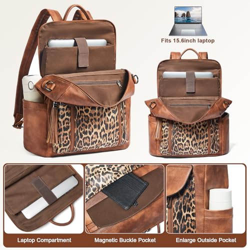 Shrrie Laptop Backpack for Women 15.6 inch,Travel Leather Backpack Purse Nurse Teacher Carry on Backpack Computer Bag,Professional Water-Resistant College Business Work Casual Daypack,Two-tone Maroon - color: Brown With Leopard