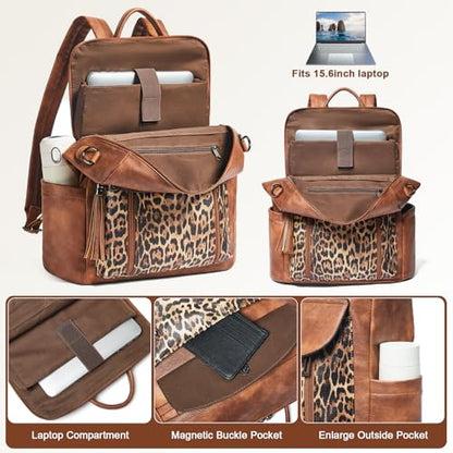 Shrrie Laptop Backpack for Women 15.6 inch,Travel Leather Backpack Purse Nurse Teacher Carry on Backpack Computer Bag,Professional Water-Resistant College Business Work Casual Daypack,Two-tone Maroon - color: Brown With Leopard
