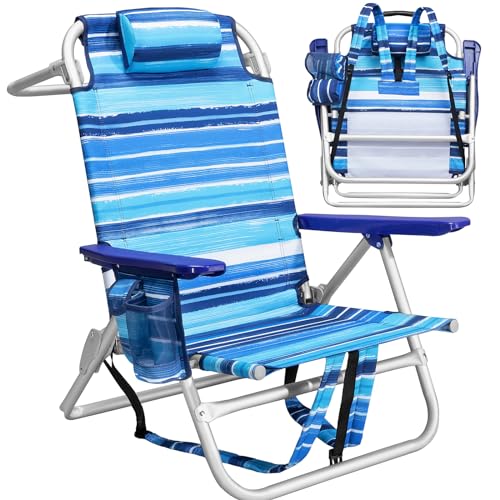 PRETZI Backpack Beach Chairs for Adults - Folding Heavy Duty Camping Chair with Storage Pouch, Cup Holder & Towel Rack, Lightweight & Adjustable Lounge Chair for Outdoor,Travel (1pack / Blue Strap) - color: Blue Strap, size: 1 pack