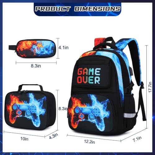 Scothen 3PCS Boys Backpack Set, Cool Backpack for Boys with Lunch Bag & Pencil Case, Kids School Bag Teen Boy Bookbag for Kindergarten Elementary Middle School with USB Charging Port - color: Red & Blue Flame