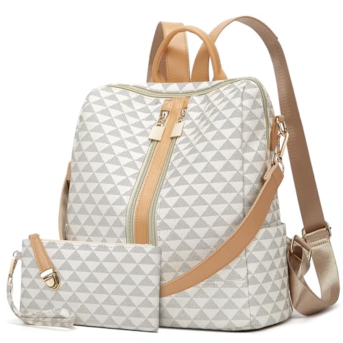 Makes Backpack Purse for Women PU Leather Travel Satchel Handbag Convertible Design Bag with Purse 2 Piece - color: Beige Double