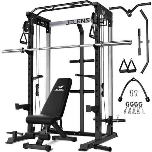 JELENS C21 Power Cage, 2000LBS Multi-Function Power Rack with Independent Dual Pulley System, All-in-One Squat Rack for Cable Crossover, Home Gym Workout Machine - color: Black, size: Home Gym Package