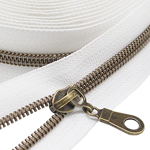 MebuZip #5 Antique Brass Metallic Nylon Coil Zippers by The Yard Bulk Coil Zipper Roll 10 Yards with 25pcs Pulls for DIY Sewing Craft Bags (White) - color: Antique Brass White