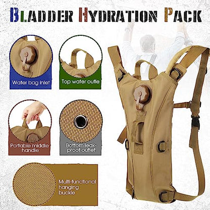 Sanwuta 2 Pcs Hydration Backpack with 3 Liter Water Bladder Tactical Lightweight 17.72 x 7.87 Inch Hydration Pack Backpack Water Backpack Hydration Bag Water Bag for Hiking Running - color: Khaki