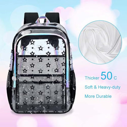 gxtvo 3PCS Girls See Through Bookbag Heavy-Duty Set for Women & Teen, 17" Black Clear School Backpack with Rainbow Strap, Cute Star Transparent Bag - color: Black Star Rainbow Clear Backpack Set