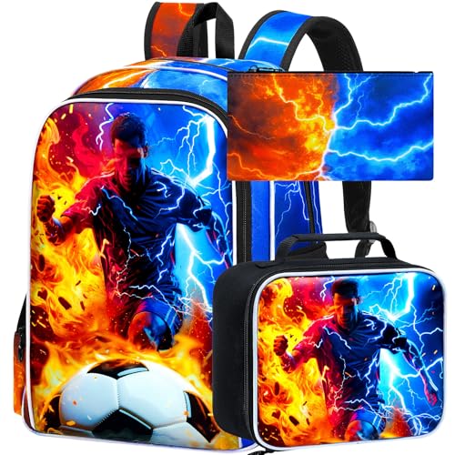 AGSDON 3PCS Boys Backpack for Boys, 17" Kids Bookbag with Lunch Box for Boy,Soccer Flame Thunder Backpacks Water Resistant and Lightweight for Teen - color: Football