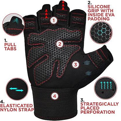 RDX Weight Lifting Gloves Gym Fitness Workout, Anti Slip Padded Full Palm Protection, Ultra Ventilated, Bodybuilding Strength Training HIIT WOD Exercise, Half Finger Men Women Cycling Rowing Climbing - color: Red, size: Small