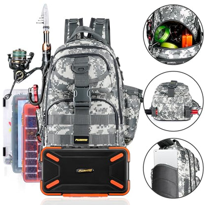 PLUSINNO Fishing Backpack Tackle Bag, Water-Resistant Backpack with Rod Holder, Ideal Gifts for Men - color: Acu Backpack With 4 Boxes