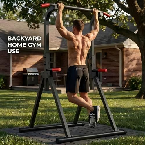 KINMAC Foldable Power Tower Pull Up Bar Station for Home Gym, 6-Level Adjustable Height Dip Station, Heavy-Duty Industrial Steel Workout Equipment, Space-Saving Free-Standing Strength Training Station for Apartment, 440LBS Capacity