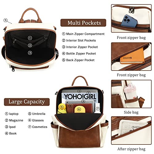 AGLOD Leather Backpack Purse for Women Designer Ladies Shoulder Bag Fashion Faux Work Travel Handbags, beige, brown - color: Kcus22001-beige-brown
