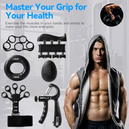 7PCS Grip Strength Trainer Kit, 2 Adjustable Forearm Resistance Grips, Finger Stretchers, Grip Ring, Hand Squeeze Ball, Finger Exercises, User Manual, Suitable for Hand Training, Suitable for Everyone