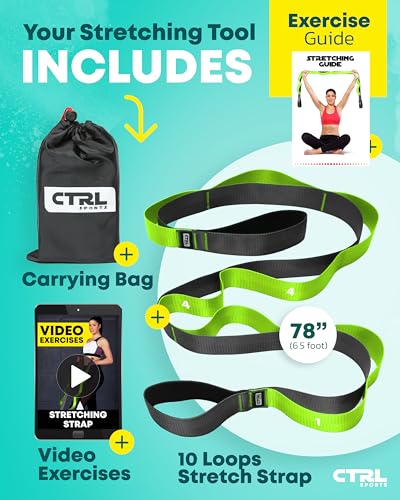 Stretching Strap with Loops - Non Elastic Stretch Band for Physical Therapy, Yoga Strap for Stretching Equipment, Stretch Bands for Exercise and Flexibility - Fascia, Hamstring & Leg Stretcher Belt - style: 10 Loops - Green