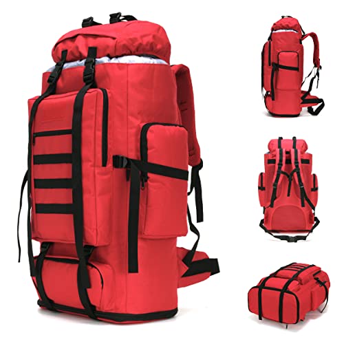 100L Hiking Camping Backpack MOLLE Rucksack Waterproof Daypack (Red) - color: Red