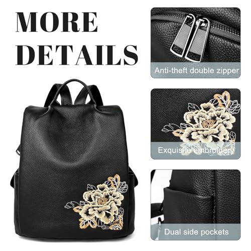 BOYATU Women’s Full-Grain Leather Backpack Purse, Elegant Floral Designer Purse, Work Commuter & City Travel, Compact Everyday Essentials, Fashion RFID Pocket Bag (Black) - color: Z-black