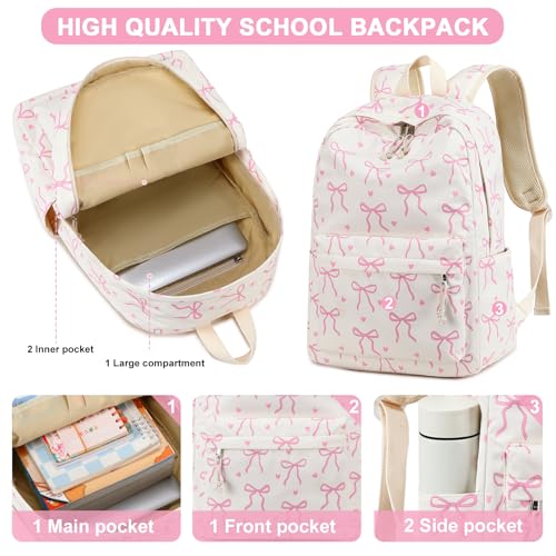 LEDAOU Backpack for Girls School Bag Kids Bookbag Teen Backpack Set Daypack with Lunch Bag and Pencil Case | Kids - color: A-bow Tie Beige