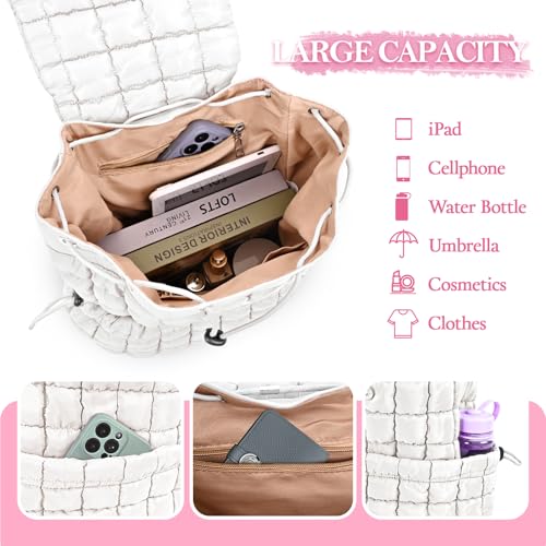 Quilted Puffer Backpack for Women Lightweight Soft Puffy Backpack Purse Casual Daily Drawstring Flap Daypack (White) - color: White