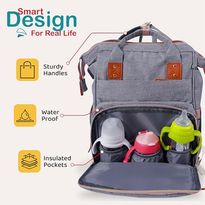 SNUGGY BABY Diaper Bag with Changing Station, Diaper Backpack with Changing Pad, Portable Diaper Organizer, Insulated Bottle Holders, Large Capacity, Water-resistant Travel Bag (Gray) - color: Gray