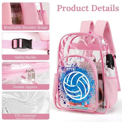 Volleyball Clear Backpack Heavy Duty for Girls Kids Boys Women | Large Cool PVC Volleyball Theme Printing Transparent Backpacks for Schools Stadium Concerts Work - Clear/Pink - color: Volleyball Clear Backpack 2 Pink With Front Pocket