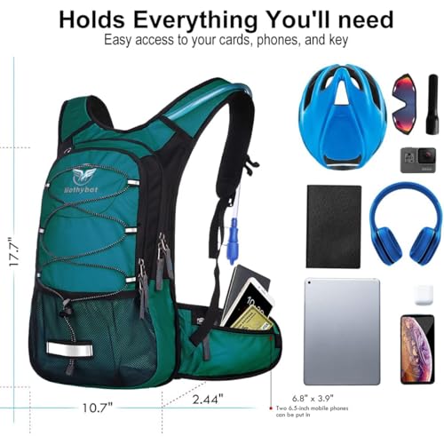 Mothybot Hydration Pack, Insulated Hydration Backpack with 2L BPA Free Water Bladder and Storage, Hiking Backpack for Men, Women, Kids for Running, Cycling, Camping - Keep Liquid Cool up to 5 Hours - color: Matte Emerald