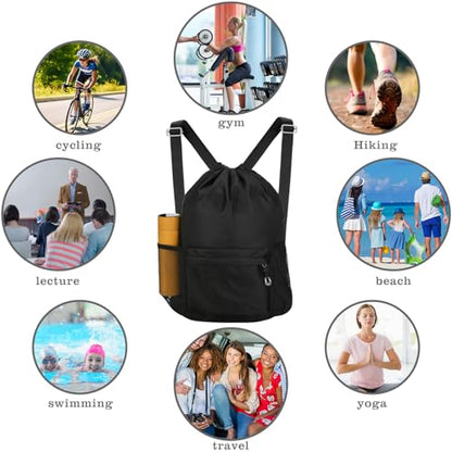 Waterproof Drawstring Bag, Lightweight String Backpack with Water Bottle Holder and Pockets, Gym Sports Cinch Sackpack (Black) - color: Black