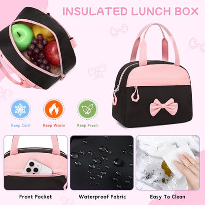 Girls Backpack, School Backpack for Girls, Cute Bow Kids Bookbag for Grils Children Teens for Elementary Middle High School Student, Back To School, Black Pink 3pcs - color: Black Pink-3pcs