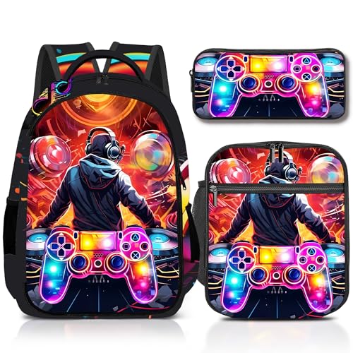 Boys Backpack with Lunch Box and Pencil Case, 3Pcs Gamer Backpack for Boys Teens, 17 Inch Large Capacity - color: GAME-YLWJ-7