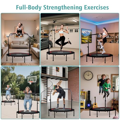 RAVS Mini Trampoline for Kids Adults 40"/48" Foldable Fitness Rebounder Kids Trampoline with 5 Levels Height Adjustable Handle Resistance Bands Indoor Workout - size: 40-inch