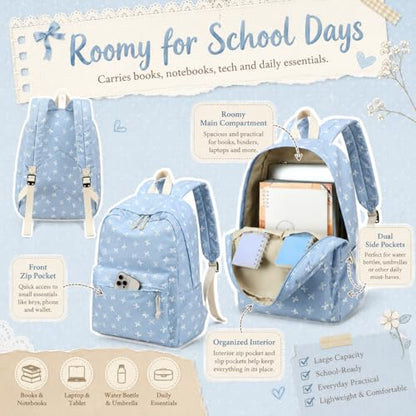 LEDAOU Backpack for Teen Girls Lightweight Kids Bookbag for Elementary Middle High School College Women Laptop Casual Daypack (Bow-Blue) - color: Bow-blue