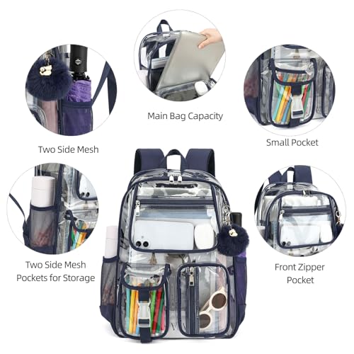 Clear Backpacks for Girls Boys, Heavy Duty PVC Transparent School Bookbag See Through Back Pack for College Work Travel (Navy Blue) - color: Navy Blue