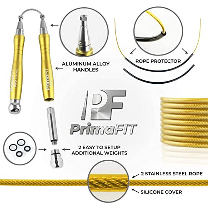 PrimaFIT Jump Rope Pro Speed Skipping Rope Adjustable Adult Jumping Rope Weighted Aluminium Handles for Double Dutch Boxing Workout Crossfit Exercise Fitness Spare Cable Weights Protectors Carry Bag - color: Golden